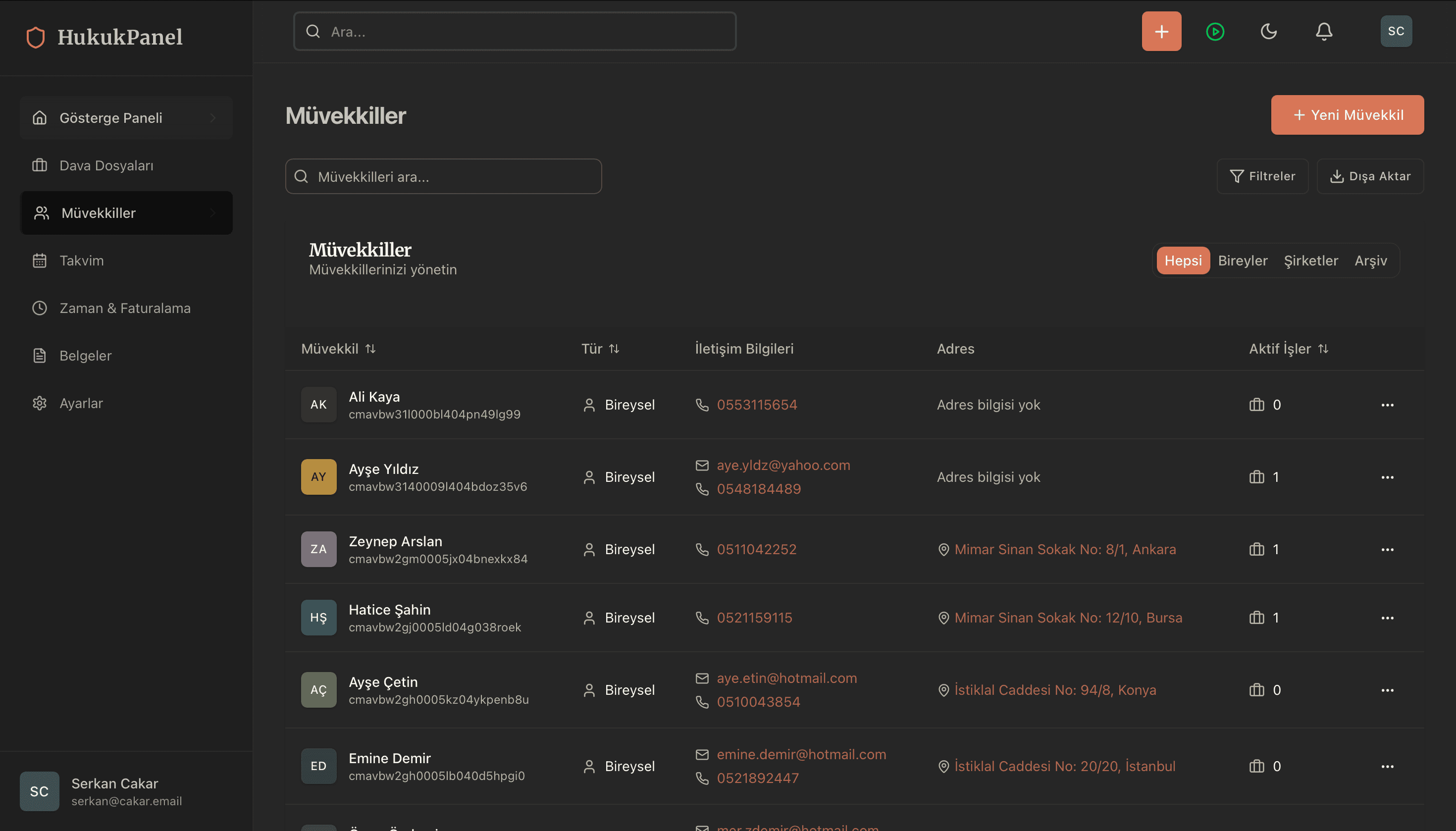 HukukPanel karanlık tema arayüzü
