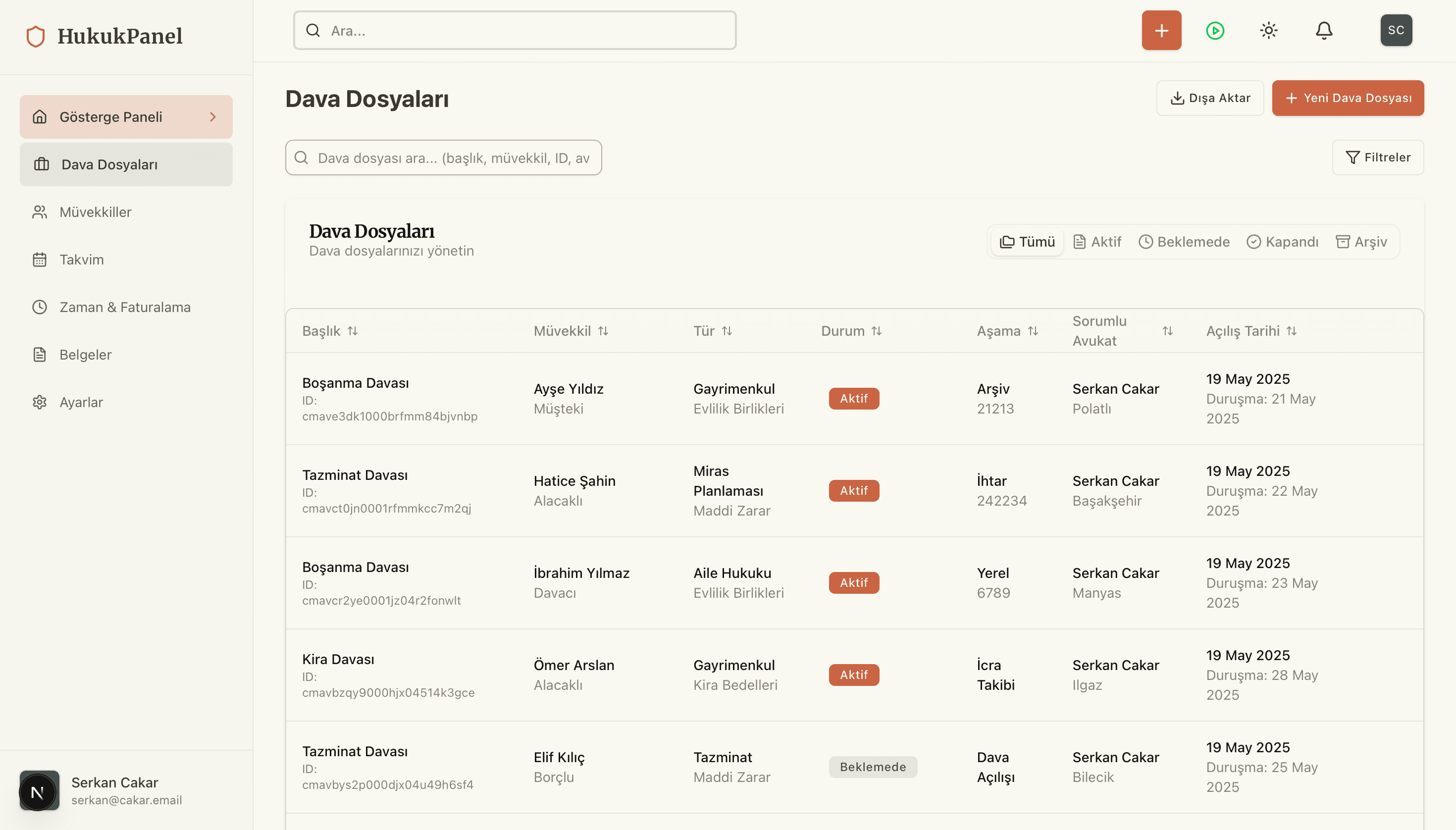 Dava yönetimi ekranı
