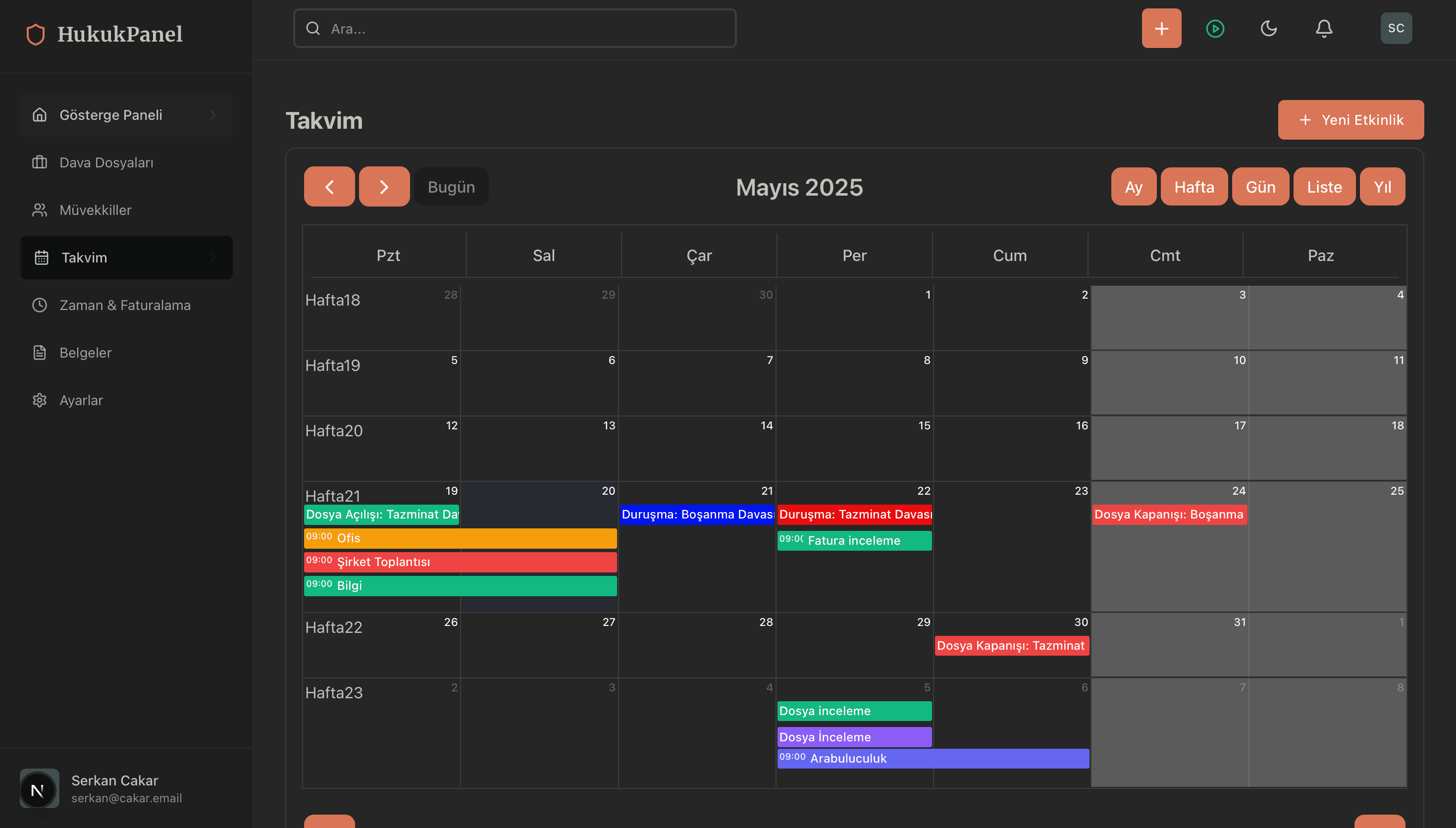 Takvim yönetimi ekranı