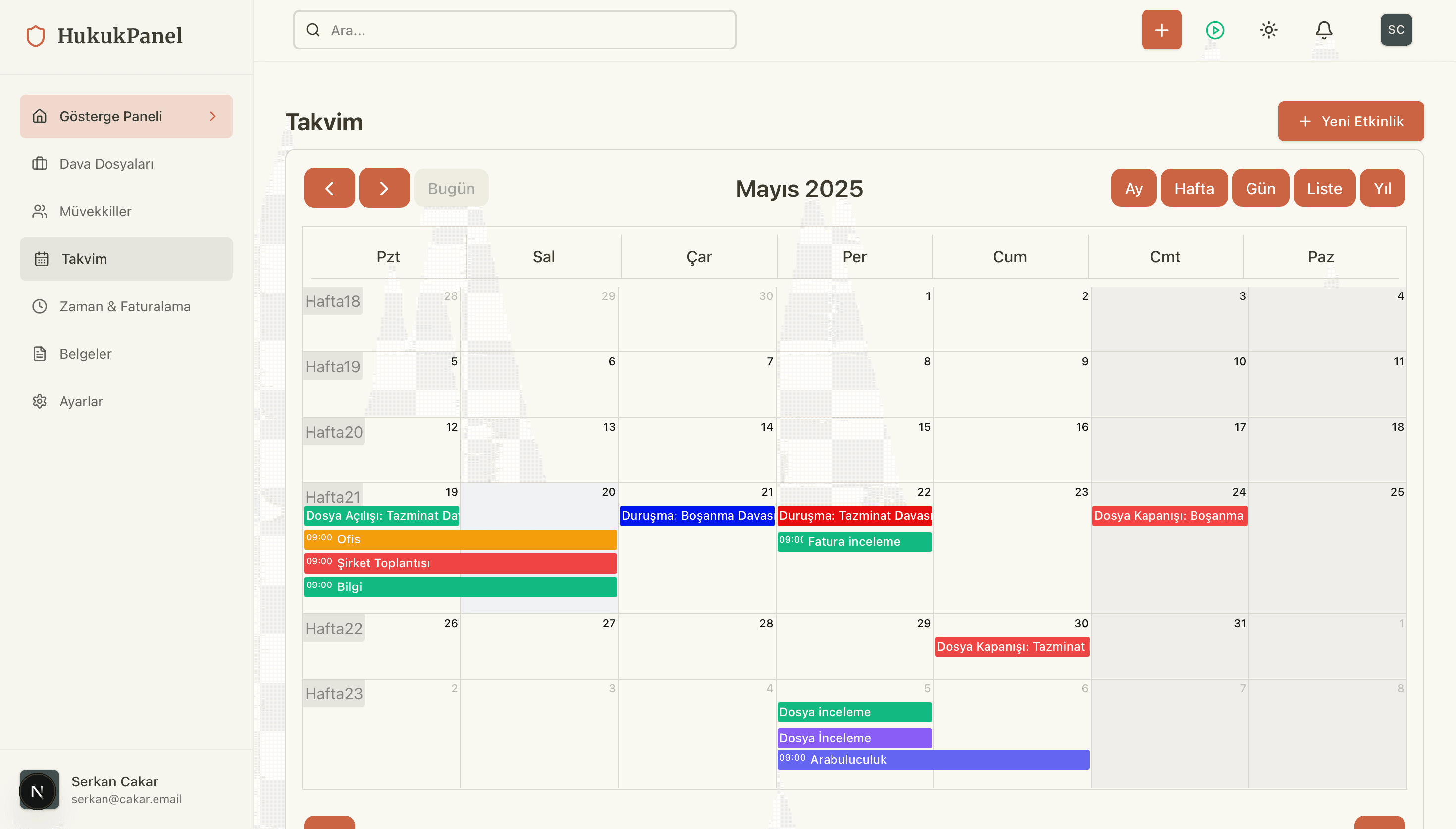 Takvim yönetimi ekranı
