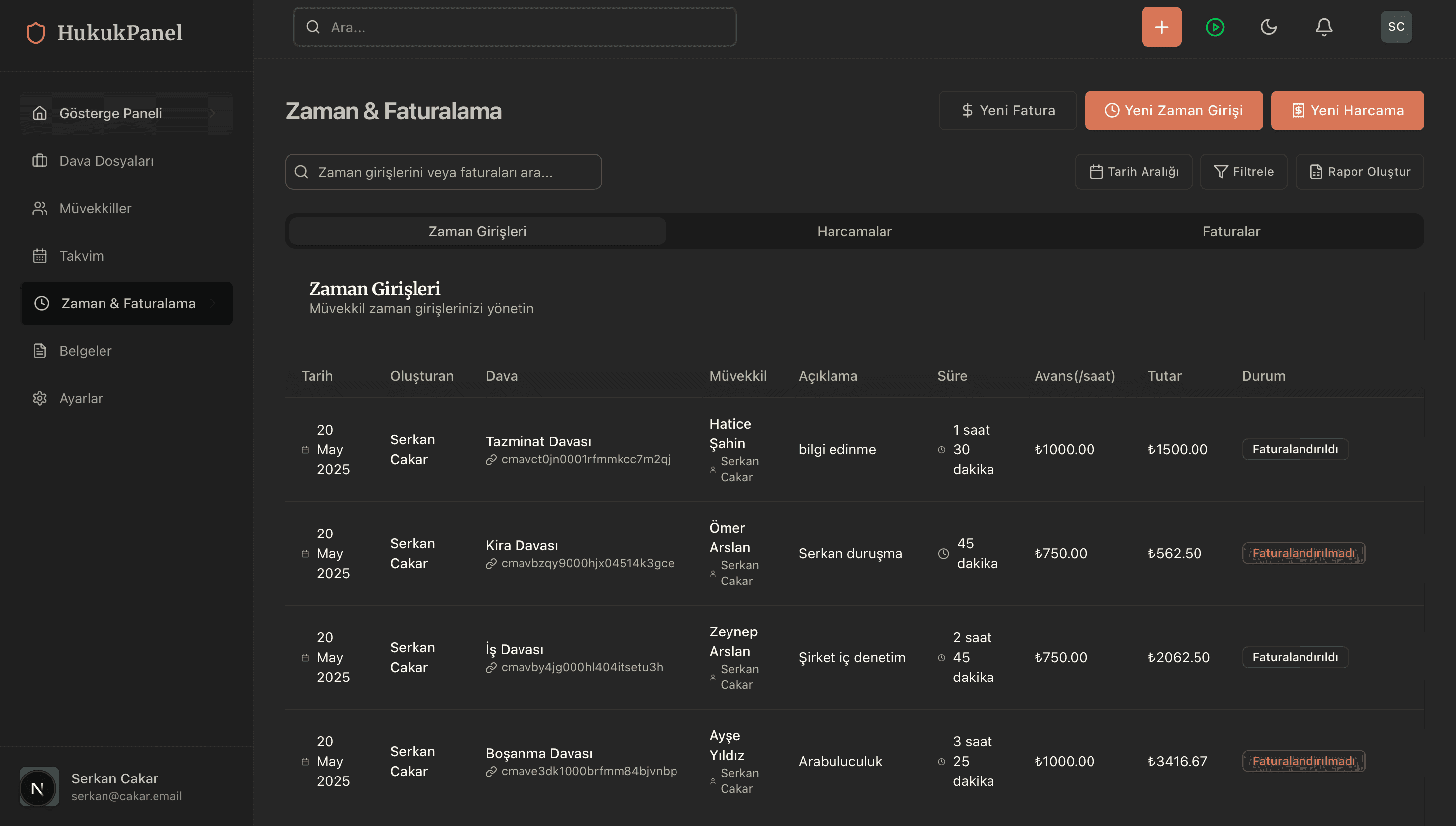 Zaman takibi ekranı