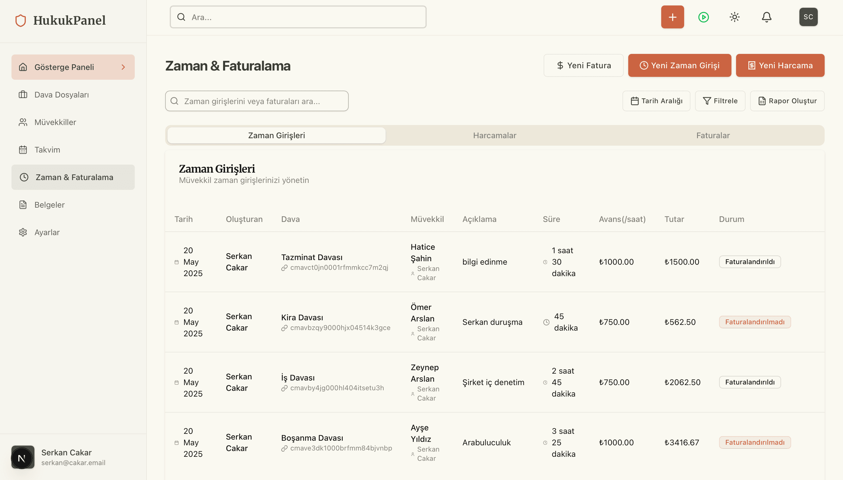 Zaman takibi ekranı